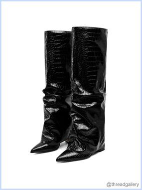 Wide Calf Knee High Boots Chunky Block Heel Fold Over Slip On Shark Boot
